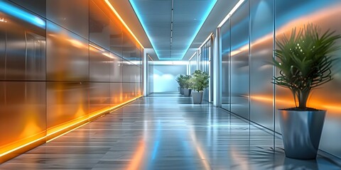 Modern office corridor design with cutting-edge technology and stylish aesthetics. Concept Office Corridor Design, Modern Technology, Stylish Aesthetics
