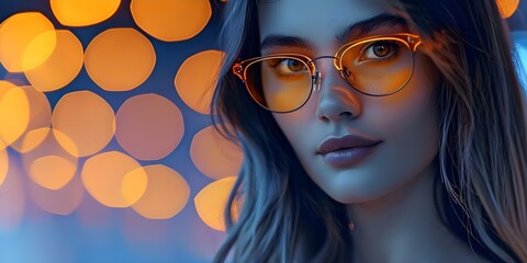 Hipster woman in neonlit room wearing Bitcoin glasses with cryptocurrency lenses. Concept Fashion, Technology, Cryptocurrency, Neon Lights, Hipster Style