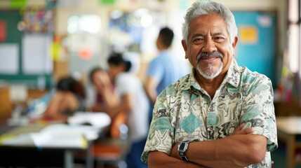 The close up picture of the hispanic teacher, educator or instructor sitting in classroom of school, the educator require skills like classroom management, lesson planning and teaching skill. AIG43.