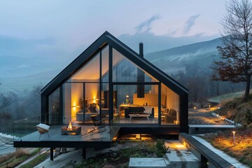 minimalist luxury glass villa in mountains with stunning views modern glamping concept