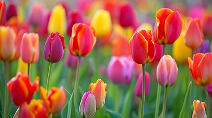 A field of colorful tulips in full bloom, creating a stunning display of colors and shapes.