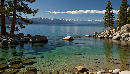 large rocks in the foreground with a lake and snow-capped mountains