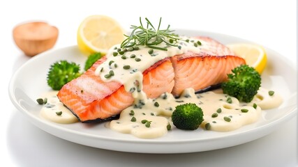 delicious salmon with cream sauce isolated on white