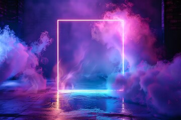 Fototapeta premium Abstract neon background with smoke, illuminated square frame in the center of dark room, glowing blue and violet light, empty space for design
