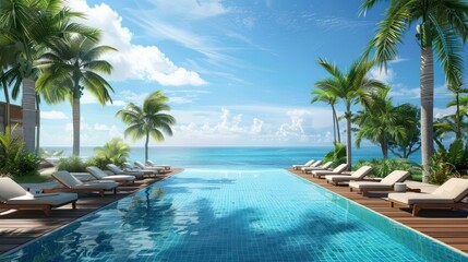 View of a beautiful tropical beachside hotel resort swimming pool with coconut trees, lounge chairs by the pool during the day.