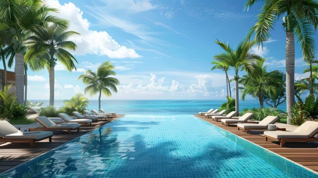 View of a beautiful tropical beachside hotel resort swimming pool with coconut trees, lounge chairs by the pool during the day.