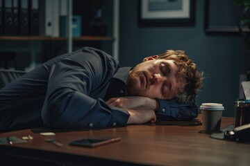 Tired businessman sleeping in office with coffee cup on desk, Office worker taking a nap
