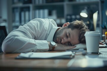 Office worker taking a nap, Tired businessman sleeping in office with coffee cup on desk
