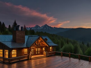 Rustic mountain lodge with a large deck and panoramic views, generative AI