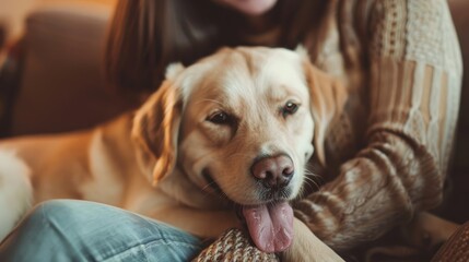 Obraz premium A person sitting on a couch lovingly hugging their dog, Happy dog and owner, Capturing the essence of companionship