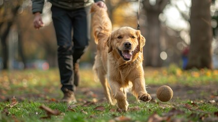 A person playing with their happy dog in a park, Friendship between owner and pet