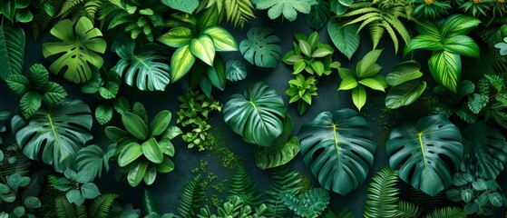 Background Tropical. Hidden among the emerald leaves are brightly colored birds, their melodious songs filling the air with a symphony of sound that echoes through the forest canopy.