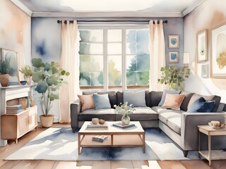 Fototapeta premium Cozy Living Room Watercolor Art