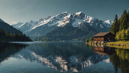  mountain covered in snow is in the background with a lake in front, reflecting the mountain