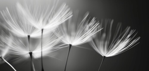 close up of dandelion seeds, macro photography, soft focus, monochrome background, white and grey.