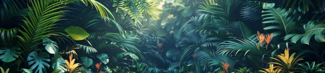 Background Tropical. Amidst the dense foliage, the rainforest forms a green paradise, offering a sanctuary for countless species and a wellspring of wonder and fascination with its abundant.