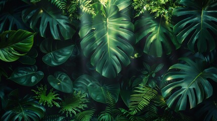 Fototapeta na wymiar Background Tropical. Within the lush canopy, the rainforest foliage forms a protective shield, shielding the forest floor from the intense sun and ensuring a cool shaded environment.