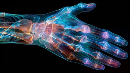 The image shows a blue, semi-transparent, x-ray of a hand. The bones are white and the joints are yellow. The background is black.