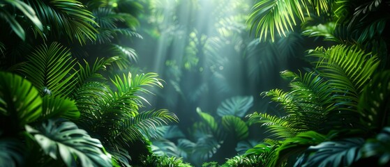 Background Tropical. Enveloped by verdant foliage, the rainforest's lush canopy acts as a protective barrier, shielding the forest floor from the intense sun and fostering a cool shaded environment.