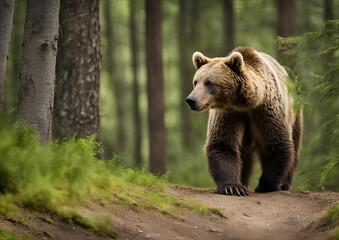 Obraz premium A Wild Brown Bear (Ursus Arctos) in the summer forest, captured in its natural habitat. A true wildlife scene.