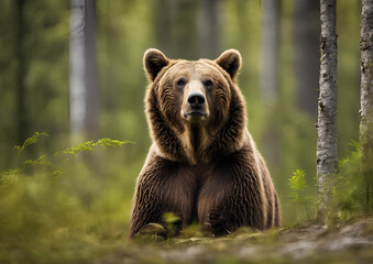Obraz premium A Wild Brown Bear (Ursus Arctos) in the summer forest, captured in its natural habitat. A true wildlife scene.