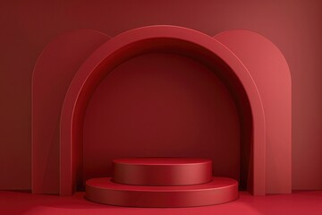 3d render of minimal empty stage showcase for product presentation, abstract geometric background with arch and round frame on burgundy color.