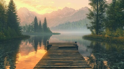 A wooden bridge with mountain and sunset view
