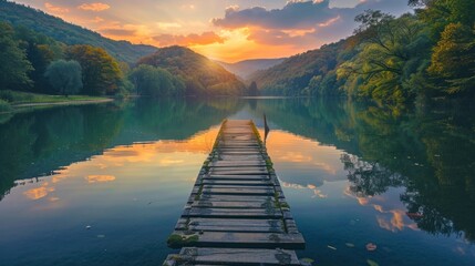 A wooden bridge with mountain and sunset view