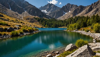 forest of green trees on the shore and mountains in the background