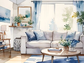 Cozy Living Room Watercolor Art