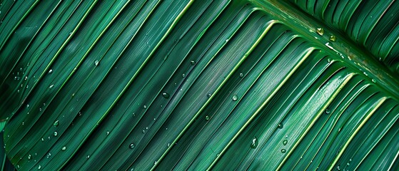 A closeup of the green palm leaf, showcasing its vibrant color and unique pattern. The dark background highlights the lush leaves, creating an abstract and artistic composition. The sunlight casts gen