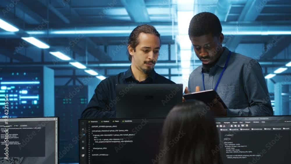 Poster multiethnic coworkers in server room collaborating to fix servers providing computing resources for 