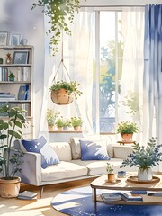 Cozy Living Room Watercolor Art