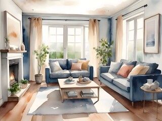 Fototapeta premium Cozy Living Room Watercolor Art