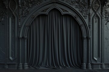 3D rendering of a black gothic arch with drapery and ornate decoration. A black curtain on the wall.