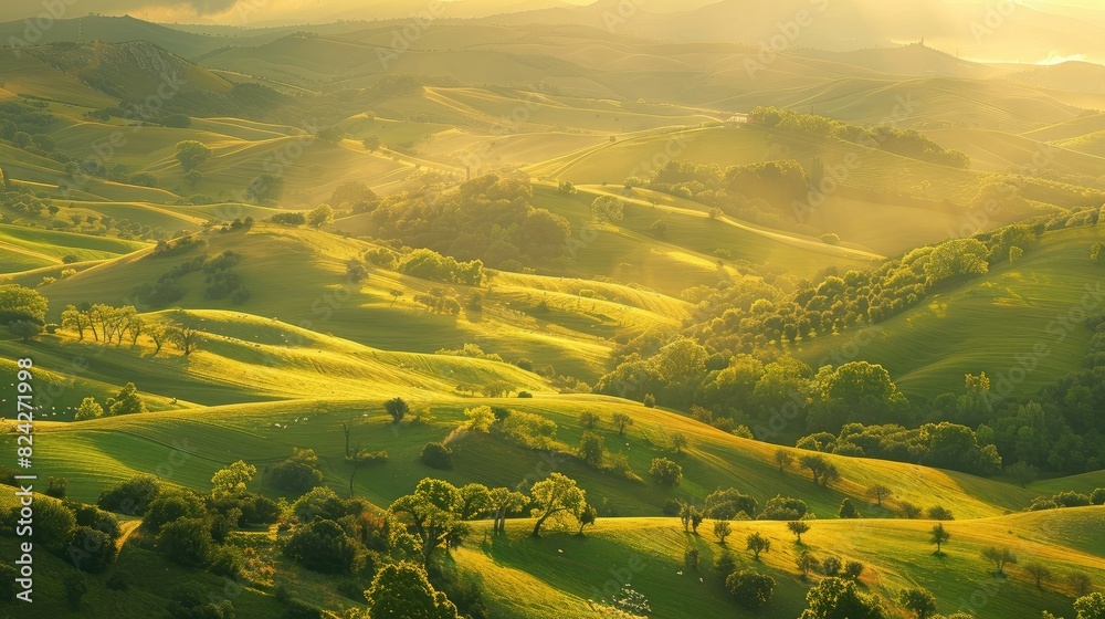 Wall mural Golden hour sunlight on peaceful countryside