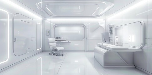 3D rendering of a white modern medical office with a desk and chair in a futuristic design concept. A scifi game or science fiction technology illustration in a high resolution.