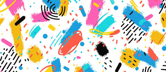 Playful abstract background with bright brush strokes and colorful shapes in Memphis pattern style