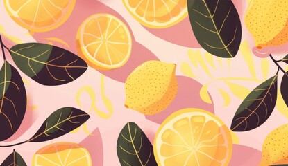 Flat illustration of lemon leaves and lemons, pink background, yellow pastel color palette.