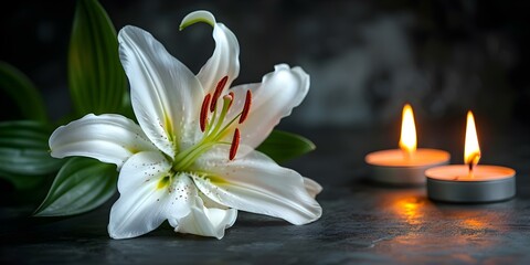 Elegant Lily and Flickering Candle: A Fitting Tribute for Somber Moments. Concept Floral Arrangements, Candlelight, Elegant Decor, Memoriam Photography, Sentimental Touches