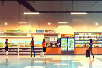 modern supermarket interior with customers shopping for groceries shelves and refrigerators vector illustration