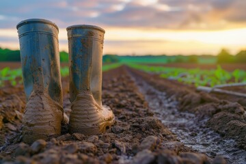 The close up picture of the dirty boots from the soil of farmer in farm, the farmer also require...
