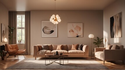 a modern living room, focused on a statement lighting fixture, such as a sculptural pendant or a sleek floor lamp. close up