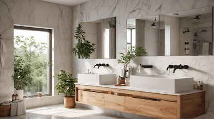 Fototapeta premium A minimalist, light-filled bathroom with a large mirror and three sinks. side view