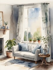 Cozy Living Room Watercolor Art