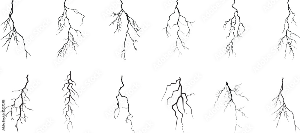 Wall mural vector lightning silhouettes set. elements for thunderstorm.vector graphic elements collection