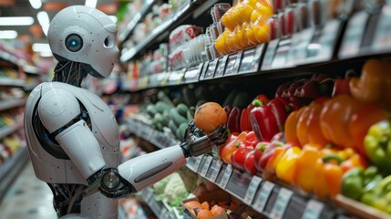 Humanoid robot shopping for vegetables at a grocery store, selecting and purchasing fresh produce. the integration of robotics in everyday life and their role in modern retail environments.