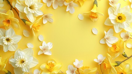 Spring flower banner with daffodils and cherry blossoms on a pastel yellow backdrop