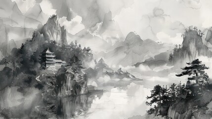 Japanese temple with mountains, ink painting