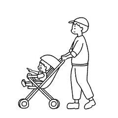 ベビーカーを押しながら散歩している父親のイラスト　モノクロ